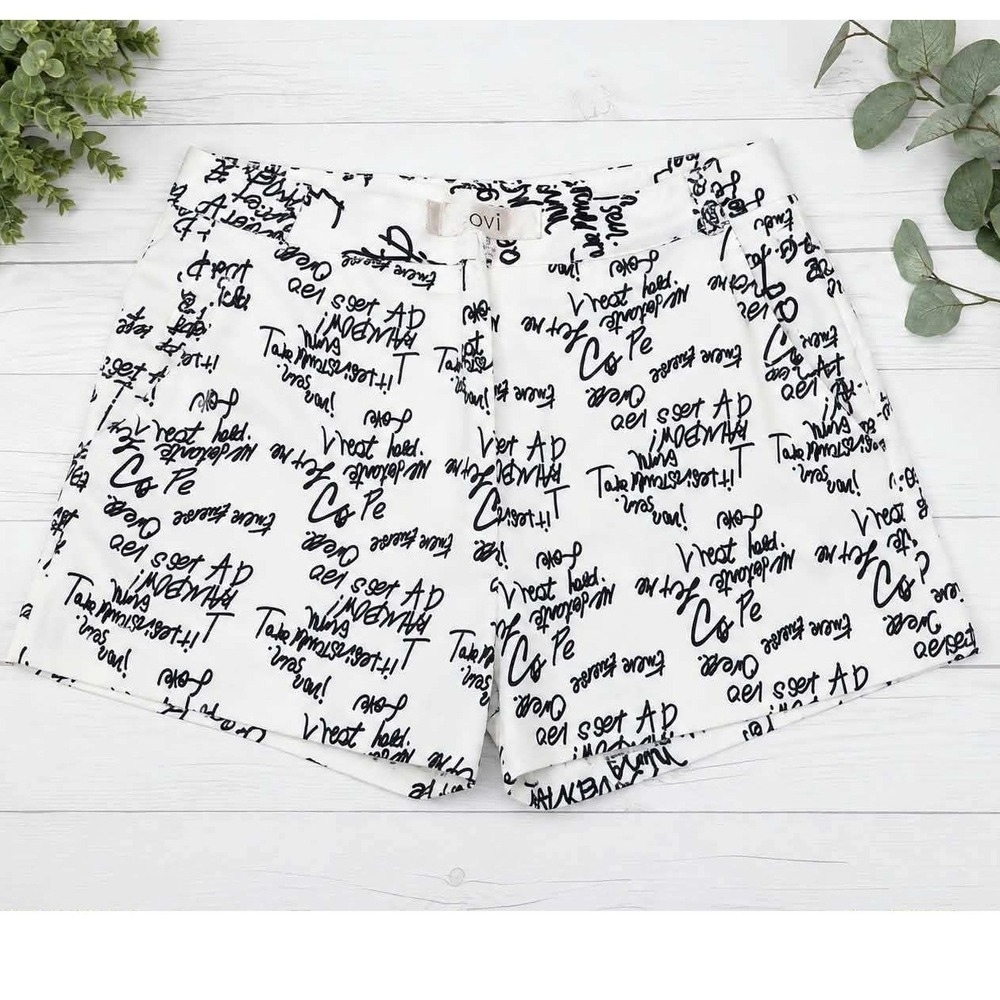 OVI Women's Small White Black Script Print Tailored Shorts NWOT Stretch Pockets